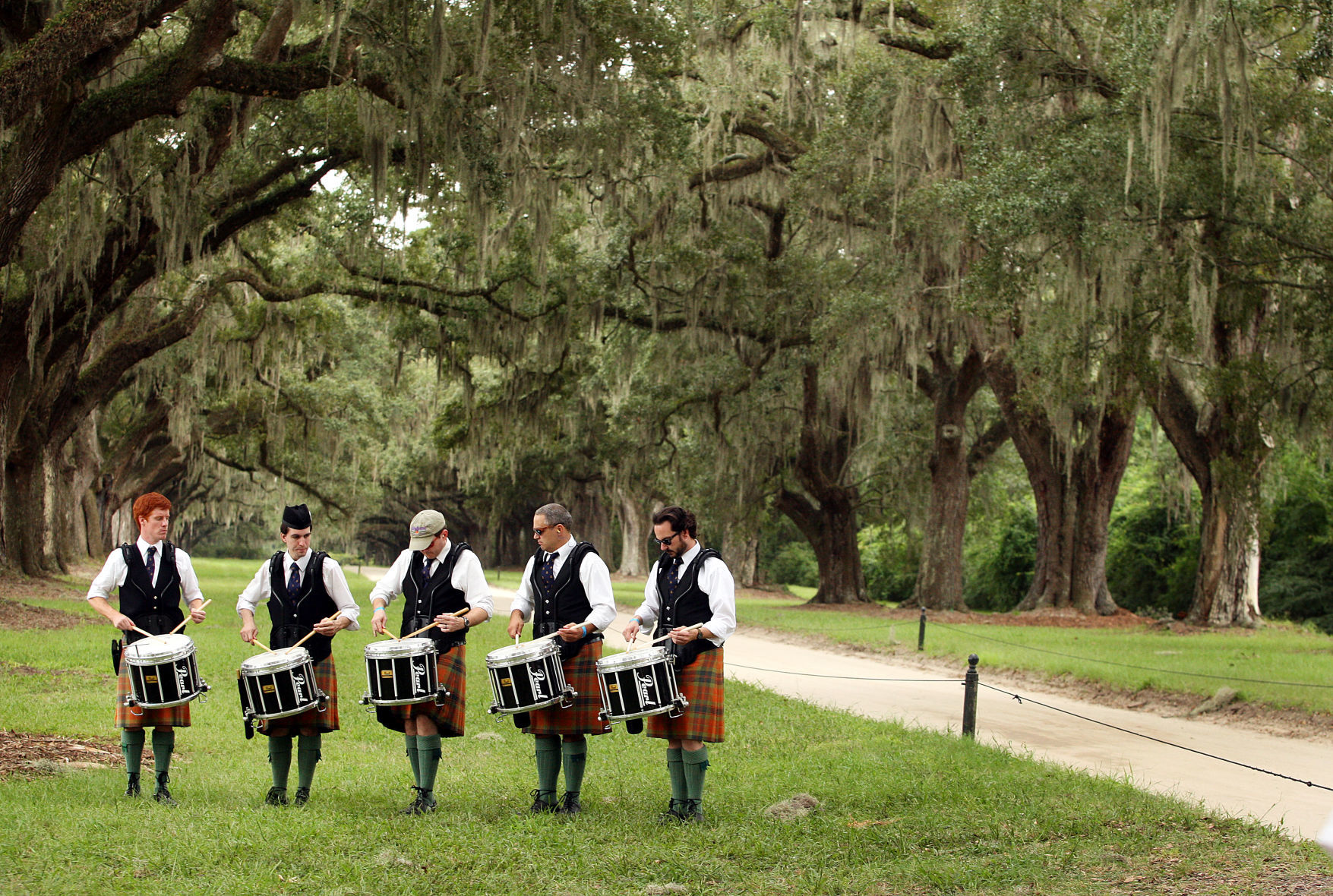 Scottish Games drummers in front oak path (copy)